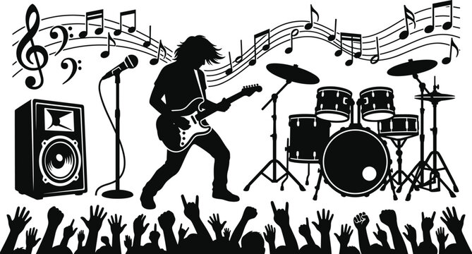 Black silhouette of a rock guitarist, drum set, speaker, microphone, and cheering crowd with musical notes