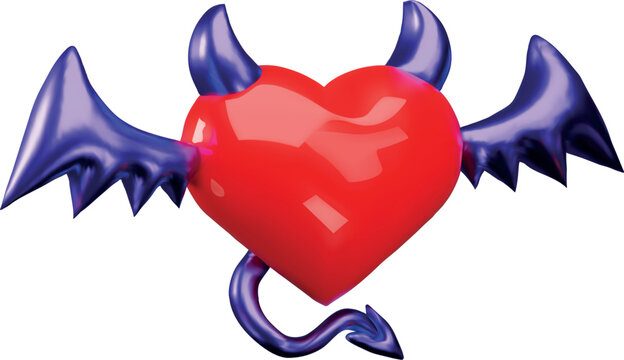 3D red heart with purple horns, an arrow-shaped tail, and bat wings.