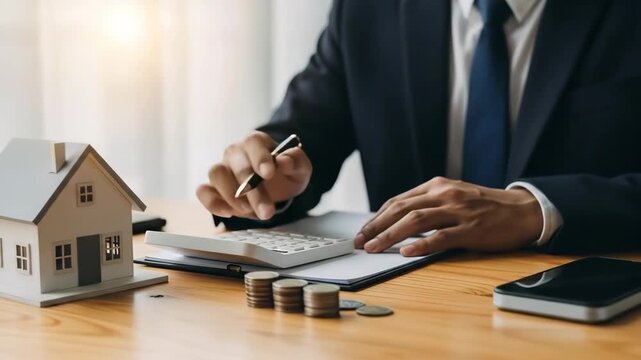 Real estate agent calculating mortgage payments with house model and coins