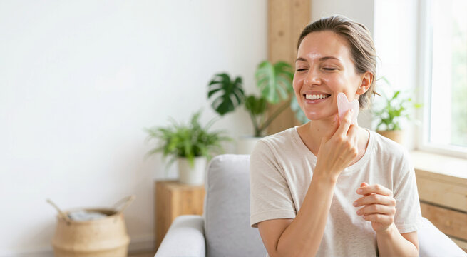 Smiling woman using pink gua sha stone on face. Female adult sitting on sofa doing facial massage for skincare routine. Health and beauty wellness