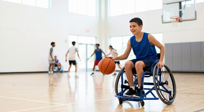 Smiling teenage boy in wheelchair playing basketball on indoor court. Active youth participating in adaptive sports and physical fitness