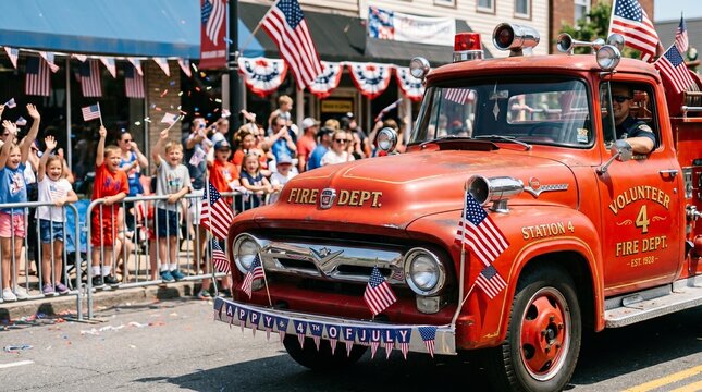 Vintage Fire Truck in Patriotic Parade