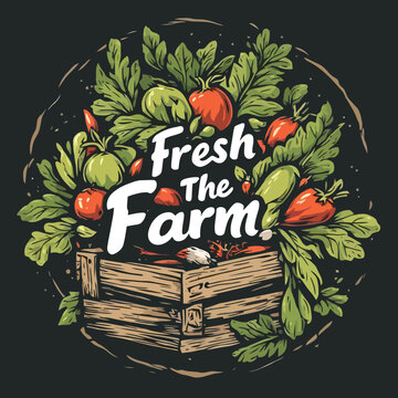 Fresh from the farm organic vegetables in wooden crate vector illustration on black background.