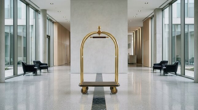 Luxury Hotel Lobby with Luggage Cart and Modern Design.