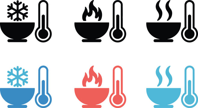 Hot, and cold water icon, water temperature control symbol with hot steam and cold ice indicators for bathroom and plumbing system design concept.