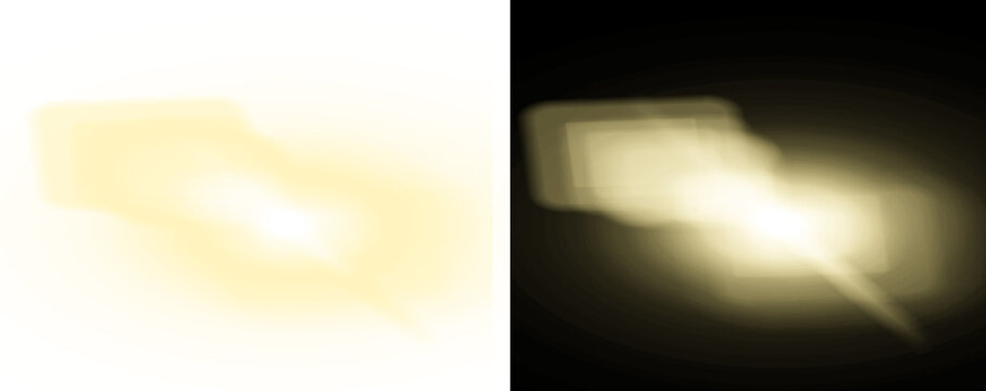 Glowing light effects on white and dark backgrounds for design elements isolated on transparent background