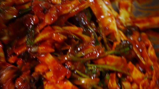 Korean traditional side dish spicy bamboo shoot salad Juksun cho muchim K-food cooking 대한민국 한국 전통 반찬 요리 죽순초무침 죽순 대나무 식재료 고추장 식초 참기름 들기름 고추가루 케이푸드 새콤달콤 매콤한 풍미 감칠맛 아삭한 식감 나물 채소 야채 양념 버무리기 조리 과정 주방 식당 맛집