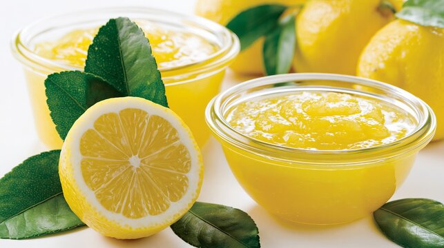 Golden lemon spread sits in containers with fresh lemons and green leaves nearby.