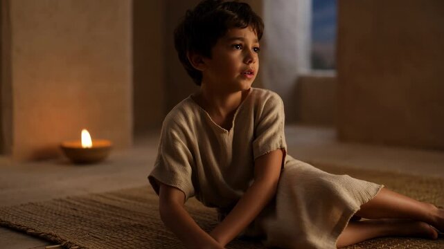 Young boy praying in a dark room with divine light. Biblical scene of Samuel listening to God at night. Spiritual concept
