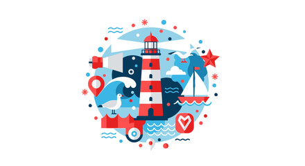 Obraz premium Nautical Lighthouse and Sailboat Flat Vector Illustration with Sea Elements, Seagulls, and Travel Icons in a Circular Composition on White Background
