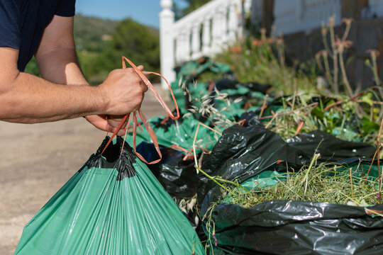 Man closing plastic bag with garden waste outdoors close up