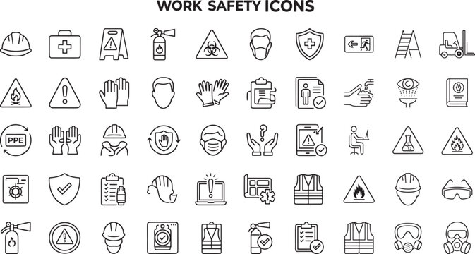Work safety line icon set. Includes safety training, Safety first, hard hat, insurance, first aid kit, risk management, regulation, and more. Editable stroke. Full Vector.