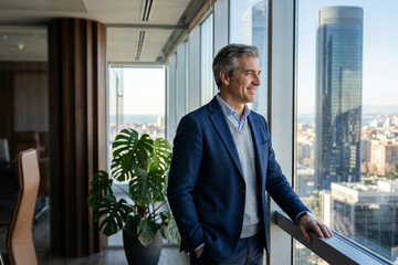 Fototapeta premium Confident mature businessman smiling while looking out of modern office window overlooking city skyline