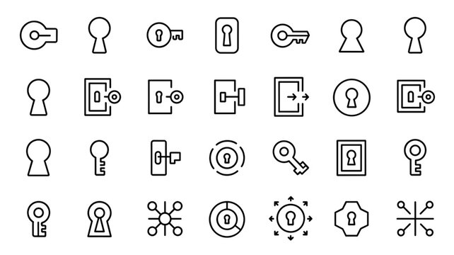Line art keyhole competitive advantage vector icons &ndash; Perfect for proprietary technology branding, data accessibility, or corporate key metrics.