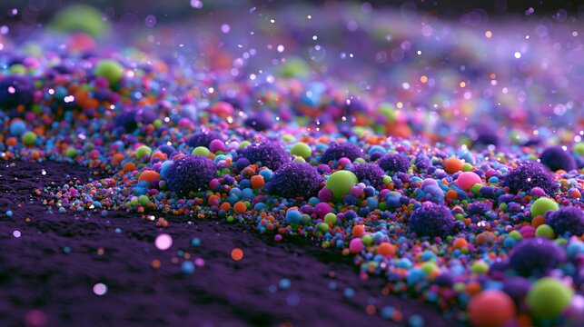Brightly colored tiny things appear on a dark purple surface.