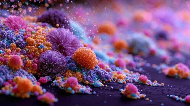 Brightly colored tiny things appear on a dark purple surface.