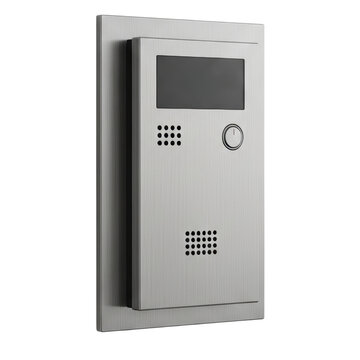 Modern brushed metal door intercom security panel over transparent background