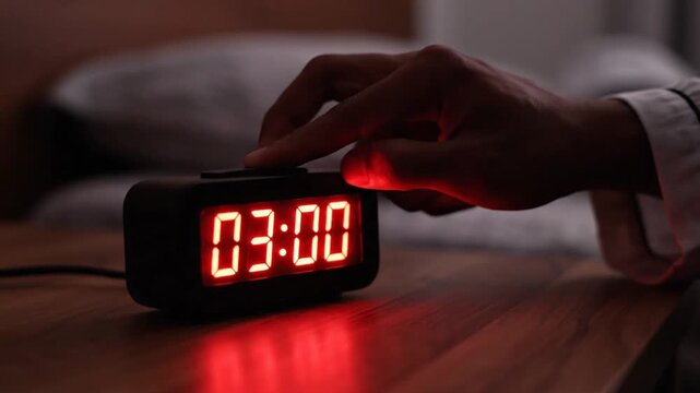 A person presses the button on a digital alarm clock during the night