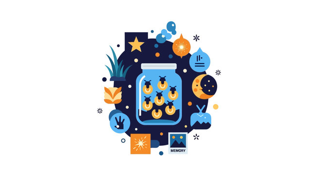 Magical Fireflies in a Mason Jar Illustration with Abstract Nature Symbols and Memory Icons