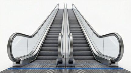 Fototapeta premium Modern symmetric escalators moving upwards in bright white architectural space with metal finishes.