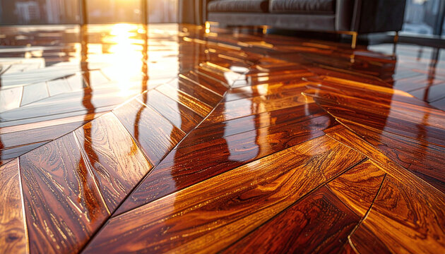 This polished chevron parquet floor reflects warm golden sunlight, showcasing a luxurious and modern interior. Ideal for highend home decor, real estate, and lifestyle advertising.