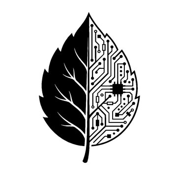 Abstract split leaf design featuring natural organic veins and digital circuit board patterns.