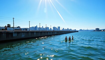 Fototapeta premium City Pier and Ocean with Sunlit Swimmers