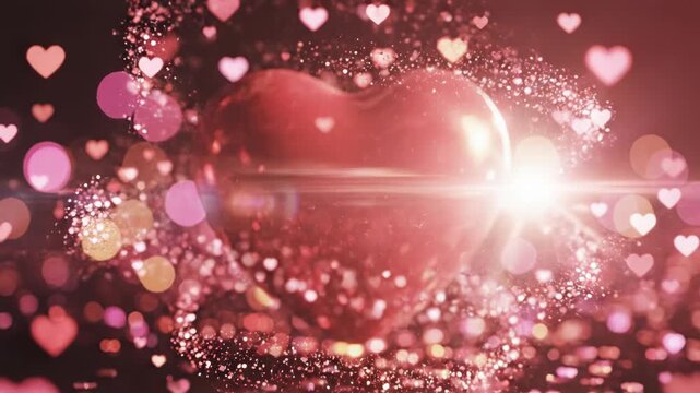 Red 3D heart with radiant golden light rays and sparkling particles, featuring soft focus pink and orange bokeh background with heart-shaped confetti on a reflective surface.