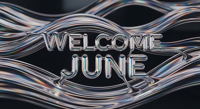 Welcome June abstract metallic silver text design with glowing neon effect.