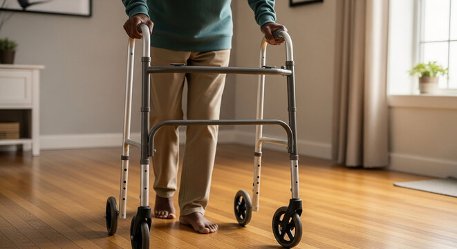 Close-up of a senior African American man using a medical walker for support while walking at home, rehabilitation and elderly mobility assistance concept.