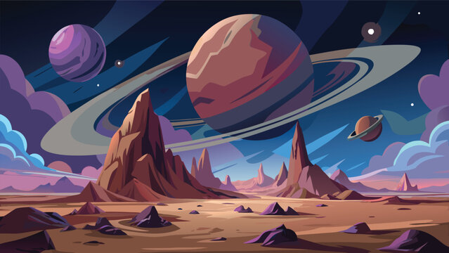 Alien planet landscape with ringed planets and rocky terrain digital illustration world extraterrestrial planetary system desert rock formations distant space exploration celestial body cosmic scene