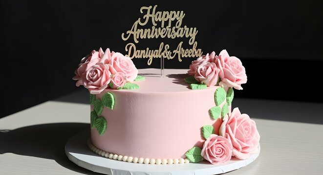 Pink Anniversary Cake with Floral Decorations for Daniyal & Araba
Dramatic Pink Cake with Pearl Bead Base
Custom Pink Cake with Green Leaf Accents