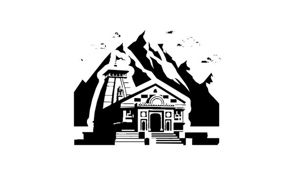 Kedarnath Temple Sticker Icon Flat Design with Himalayan Mountain Landscape Vector