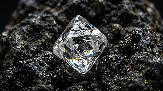 Raw Uncut Diamond Resting on Dark Mineral Rock Surface