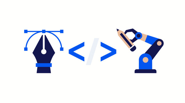 Robot arm holding programming symbols.