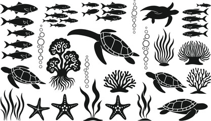 Underwater Sea Life Icon Set with Black Silhouette Stencil Symbols of Sea Turtles, Fish Schools, Starfish, Coral Reefs, Seaweed, and Ocean Bubble Vectors © Kamal