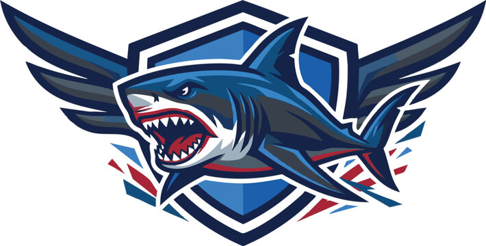 Angry aggressive shark mascot logo with wings and shield background