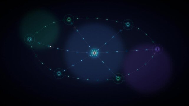 Glowing blue network nodes connect in space with purple orb