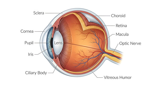 Human eye anatomy diagram with labels optic nerve medical illustration