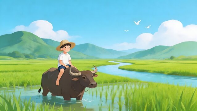 Child riding water buffalo in green field