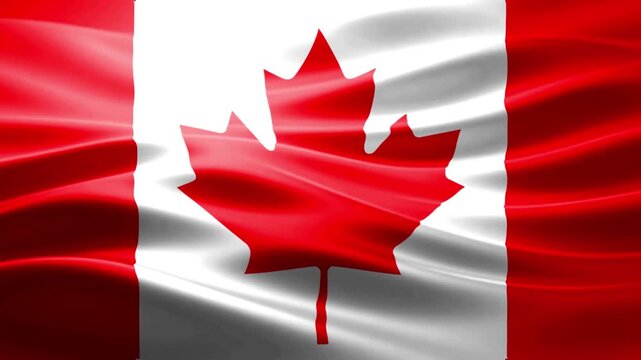 Vibrant Red Maple Leaf on Canadian Flag Waving in Wind with Textured Fabric Background