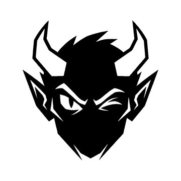 Minimalist black and white devil mascot logo design.