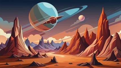 Alien planet landscape with ringed planet and spacecraft vector illustration extraterrestrial terrain planetary scene gas giant flying vehicle desert rock formations mountain peaks orange hues © CreativeKamrul
