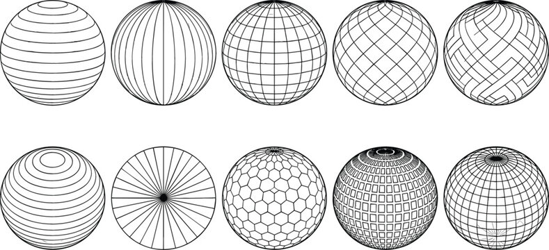 Abstract geometric wireframe globe sphere icon set with different line patterns grids and structures isolated on white background