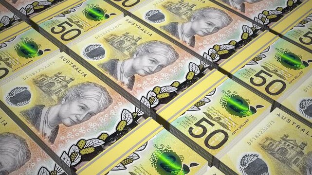 Stacks of 50 AUD or Fifty Australian Dollar banknotes or currency. Neat Rows of Australia 50 Dollar Bank note in 3D Motion. 4k Animation.