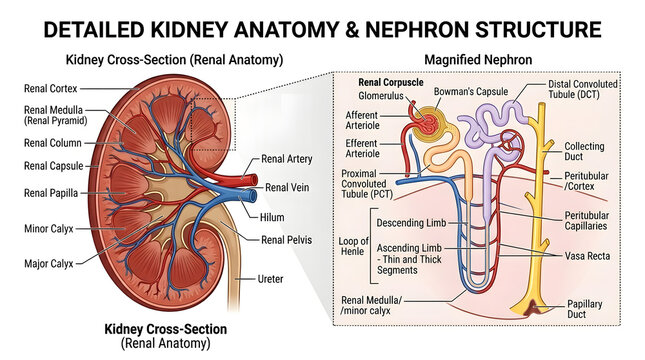 Detailed anatomy of the human kidney and nephron structure with human body