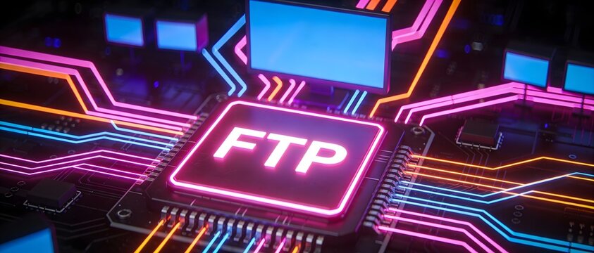 Futuristic circuit board with glowing FTP processor, representing network data transfer