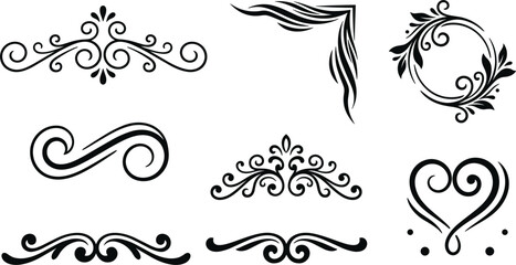 Fototapeta premium Decorative Swirl and Flourish Silhouette Vector Icon Set Featuring Calligraphy Corner Border Frame Ornament and Dividers for Elegant Vintage Graphic Design Projects