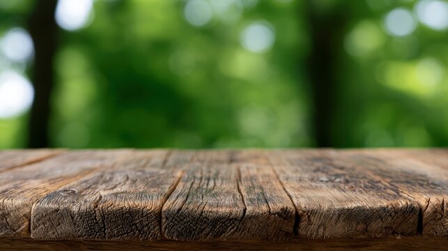 wooden table with blurred forest background, natural product display scene, organic branding backdrop