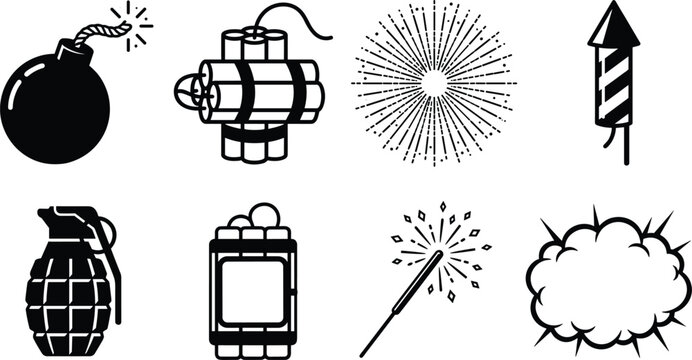 Explosive and Bomb Vector Icon Set Featuring Dynamite Grenade Time Bomb Rockets Sparklers and Comic Explosion Clouds for Action Graphic Design Projects